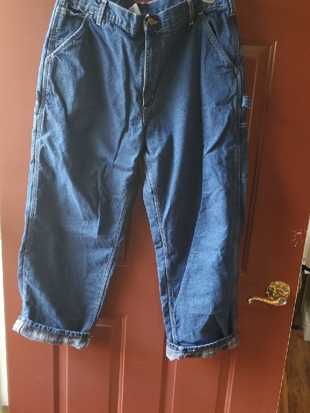 Carhartt Blue Jeans Flannel Lined with Brown Leather Logo Patch